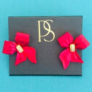 Metallic Red Ribbon Earrings Accented with Gold & Diamond Sash